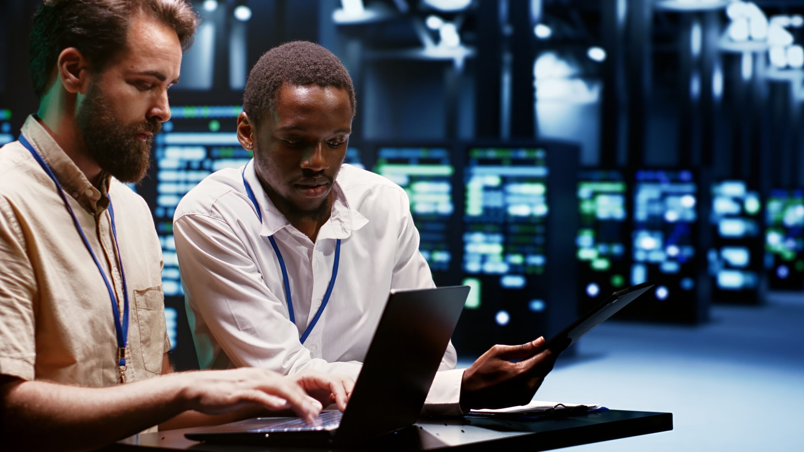 Teamworking experts doing maintenance on servers helping businesses manage databases, host websites and store files. Engineers monitoring supercomputers used for high performance computing